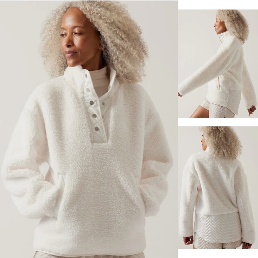 Athleta Athleta Cozy Sherpa Snap Pullover Sweatshirt in Magnolia White 466888 XS